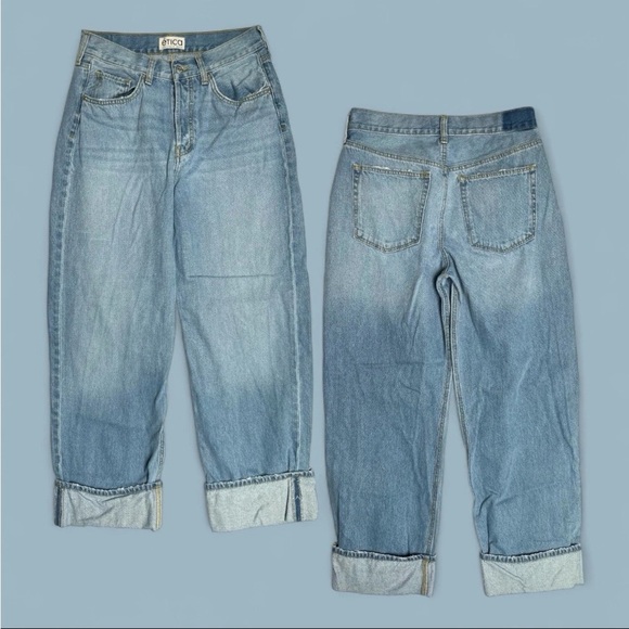 ETICA Wide Leg Cuff Blue Jeans Women Sz 29 Button Fly Sustainable Denim Relaxed - Picture 1 of 12